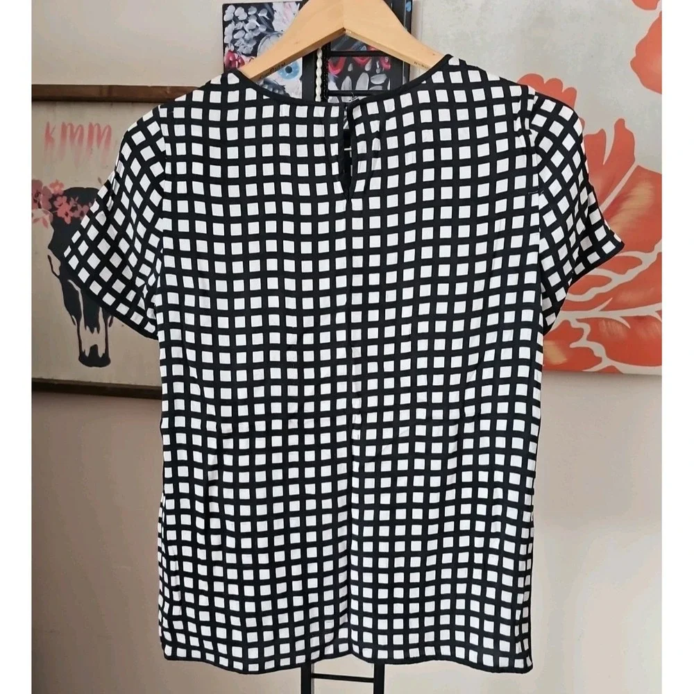 J‎ CREW Women's Tipped Silk Tee Black White Windowpane Short Sleeve Top Size 2